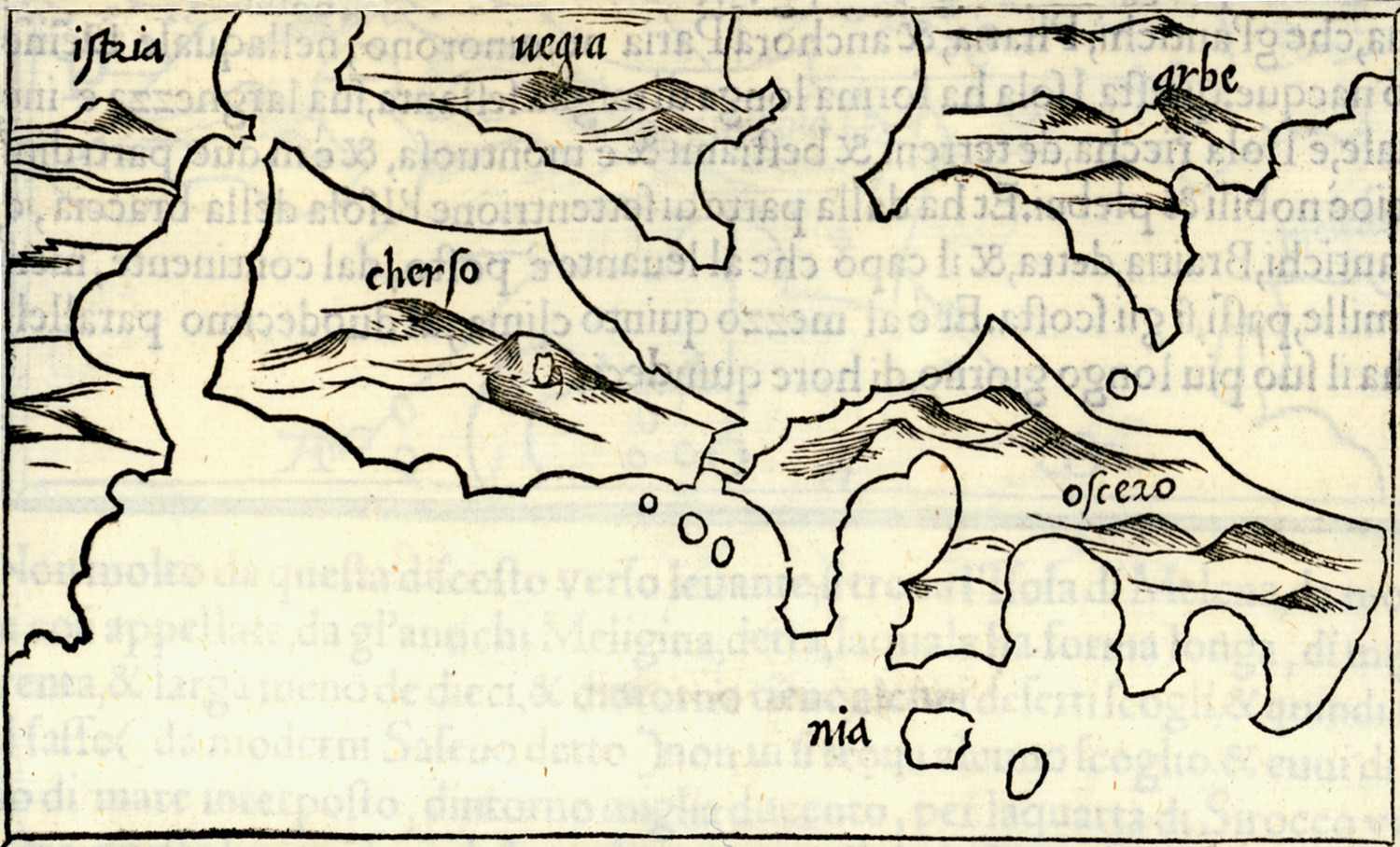 Woodcut map of Cherso and Ossero from Benedetto Bordone's Isolario, Venice, 1547